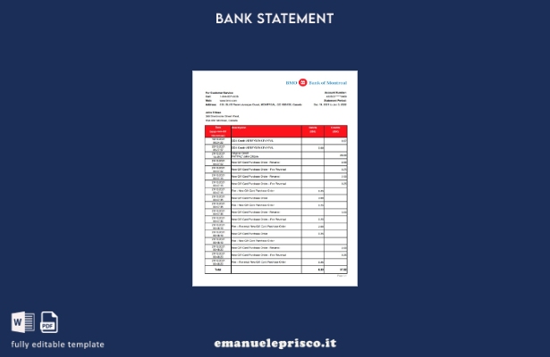 modello Excel di estratto conto bancario della Canada Bank of Montreal in stile 